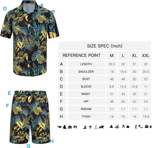 Vista 6 de Camisas hawaianas para hombre, estilo casual, con botones, manga corta, pantalones cortos estampados, trajes de vacaciones en la playa tropical