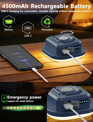 Vista 4 de Luz recargable para tienda de campaña, luz LED de camping con imán, batería de 4500 mAh, carga USB-C, linternas con 5 modos de iluminación, luz roja