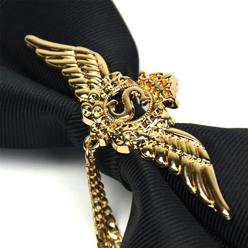 Vista 3 de Manoble Pajarita ajustable para hombre con alas de metal dorado, cadena de dos capas, corbatín, Negro