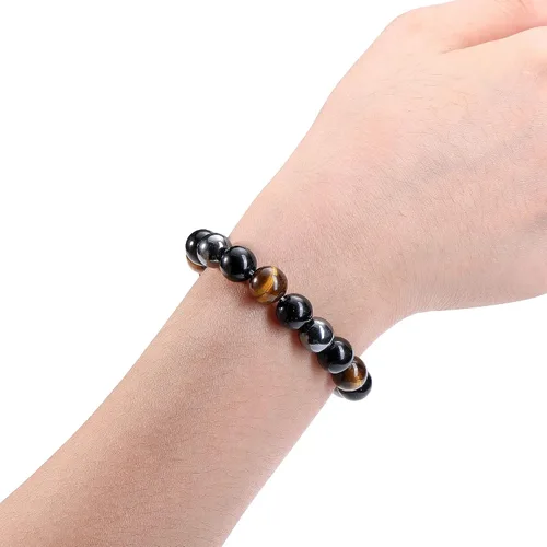 Vista 7 de Jovivi Pulseras de hematita negra de obsidiana con ojo de tigre para hombres y mujeres, 0.394 pulgadas (0.394 in), cuentas redondas naturales