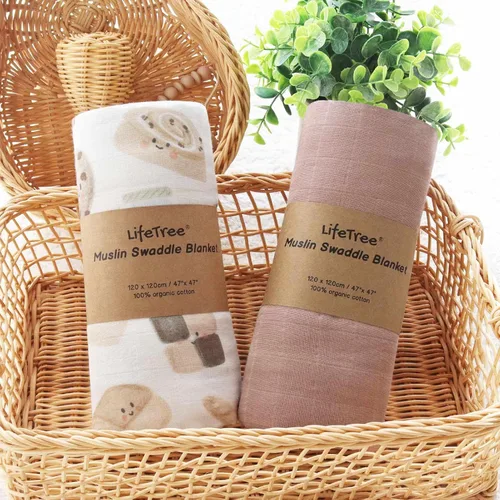 Vista 7 de LifeTree Mantas envolventes de muselina orgánica unisex para recién nacidos, de algodón orgánico, grande de 47 x 47 pulgadas, pan y marrón