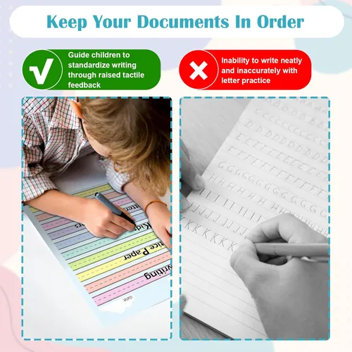 Vista 4 de 50 hojas de papel de línea elevada multicolor para práctica de escritura, papel de escritura de jardín de infantes de regla ancha, doble cara
