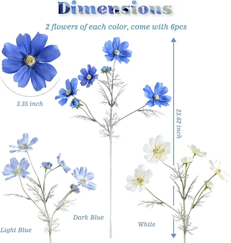 Vista 3 de 6 piezas de Coreopsis de seda azul, flores cosmos de tallo largo flexibles Soft silk blooms with bendable wire stems, total 24 flowers