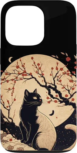 Vista 10 de Kawaii black cat japanese with cherry blossom anime style Case for iPhone 16