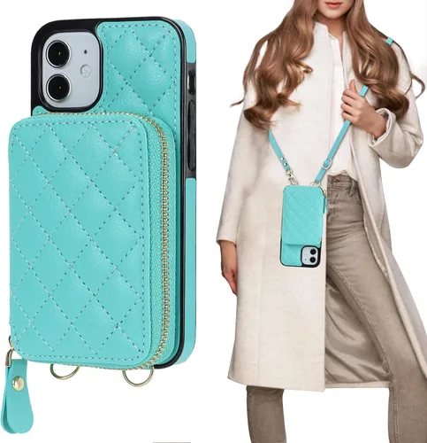 Vista 11 de Bocasal Funda tipo cartera cruzada para iPhone 12 Mini, bloqueo RFID, de piel sintética, con cremallera, funda tipo cartera con función atril