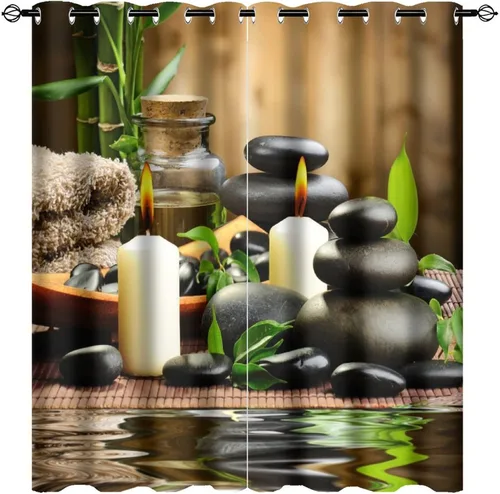 Vista 38 de Cortinas opacas de estilo japonés para dormitorio, hermoso pavo real, spa, verde, bambú, piedra negra, con ojales, aislamiento térmico, para Jardín