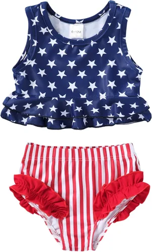 Vista 34 de YOUNGER TREE Traje de baño de verano para niñas pequeñas, sin mangas, traje de baño a rayas, traje de dos piezas, bikini