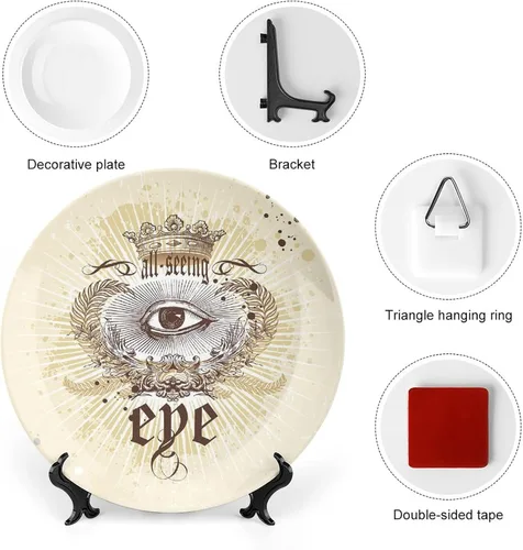 Vista 3 de XISUNYA Plato decorativo de 6 pulgadas, porcelana redonda, con emblema vintage, ramas de laurel victoriano, corona impresa, para colgar en la pared