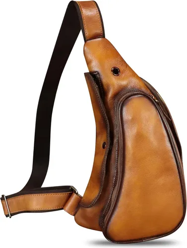 Vista 6 de Bolso de cuero genuino para mujeres y hombres, mochila de cuero retro para el pecho, bolso cruzado