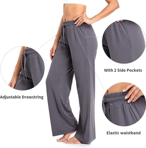Vista 5 de ADANIKI Pantalones deportivos para mujer, pantalones de yoga con bolsillos para mujer, pijamas de trabajo, pantalones de pierna ancha con cordón
