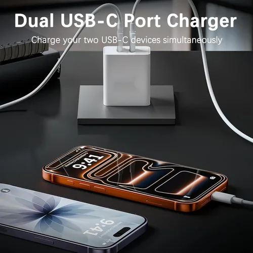 Vista 3 de Cargador de 40 W para iPhone 17 de carga rápida, paquete de 2 bloques de carga de pared USB C de doble puerto con cable USB C a USB C de 6 pies