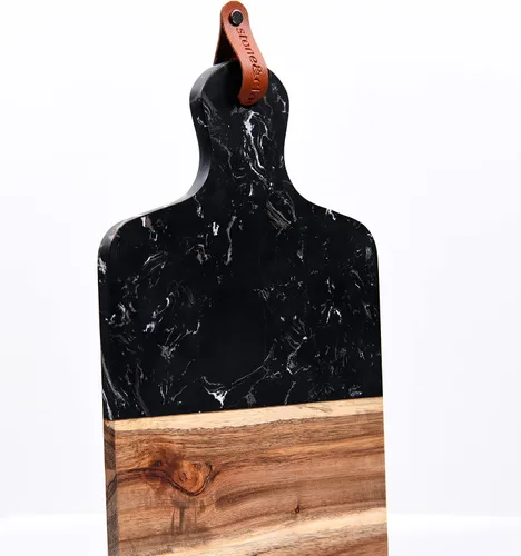 Vista 5 de Stone & Clay Tabla de queso de mármol y madera, tabla de cortar de embutidos 2 en 1 y bandeja para servir, con superficie de corte de mármol negro