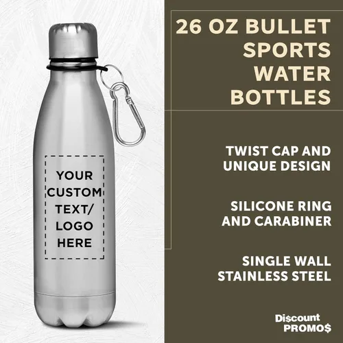 Vista 3 de DISCOUNT PROMOS Botellas de agua personalizadas Bullet Sports 26 oz Set de 10/50/100 paquete personalizado a granel promocional Fitness Drinkware