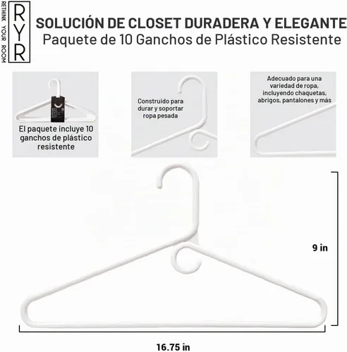 Vista 3 de Perchas para ropa de plástico, paquete de 10 perchas de plástico resistentes que ahorran espacio, perchas para pantalones para organización