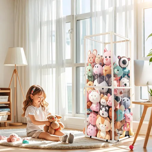Vista 6 de Almacenamiento de Zoológico de Animales de Peluche - Organizador Alto de Juguetes de Material PVC con Cordones Elásticos y Estante, Casa