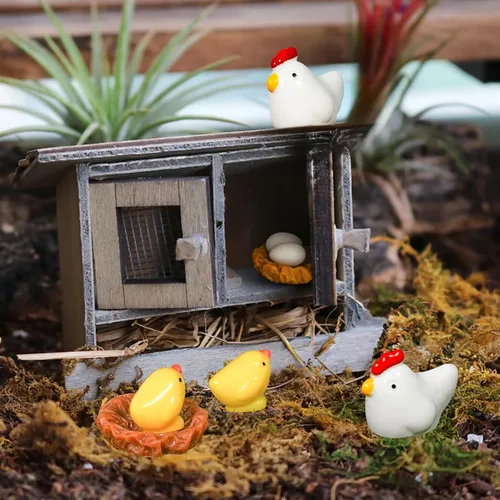 Vista 3 de Hiawbon Mini gallinero de madera retro en miniatura para pollo, gallinero, pollo, huevo, adorno de nido de pollo, micro paisaje, decoración