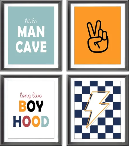 Vista 5 de Pósters Retro de Cueva del Hombrecito Preppy a Cuadros Rayo Signo de Paz Larga Vida a la Niñez para Habitación de Niño Adolescente Decoración