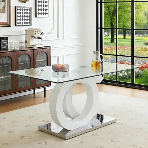 Vista 9 de Ebullient Mesa de comedor de vidrio de 63 pulgadas, mesa de cocina rectangular de vidrio con base de diseño OC negro, mesa de comedor con parte