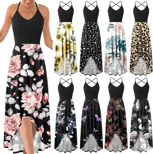Vista 5 de Gerichy Vestido para mujer, vestido casual de verano sin mangas, cuello en V, asimétrico, de retazos, floral, maxi vestidos, Estilo X06 F