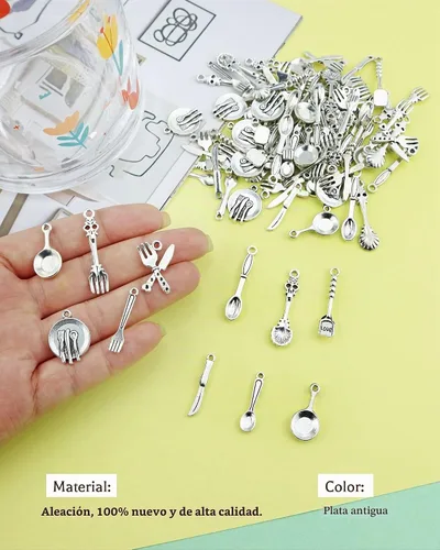 Vista 3 de JIALEEY 100 piezas de cuchillo tenedor, cuchara, sartén, vajilla, abalorios, collares, colgantes para bricolaje para fabricación de joyas