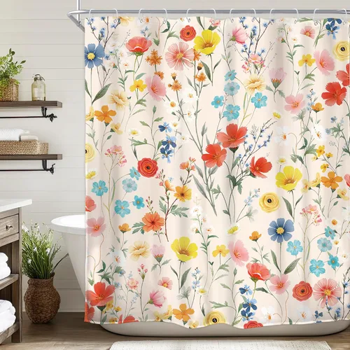 Vista 17 de Cortina de ducha floral roja para baño, 60 pulgadas de ancho x 72 pulgadas de largo, flor de cerezo, ciruela, estética asiática, japonesa, acuarela