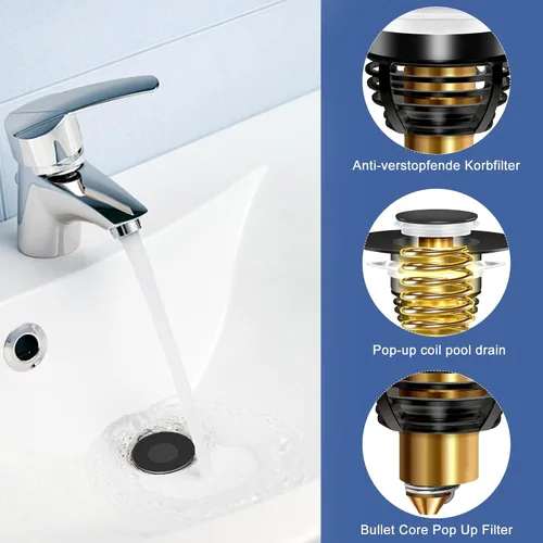 Vista 6 de AURUZA Paquete de 2 tapones universales para lavabo de baño, colador para filtro de drenaje desplegable tipo bala de 1.1 a 1.5 pulgadas, convertidor