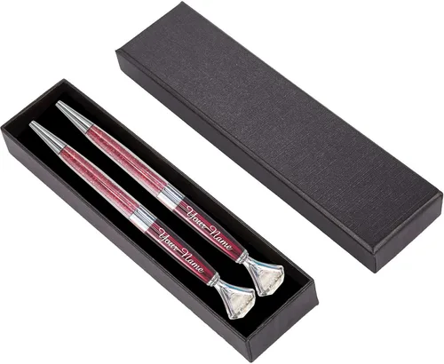 Vista 7 de ExpressDesigns™ - Juego de 2 bolígrafos de diamantes personalizados con caja de regalo, grabado metálico personalizado con nombre o mensaje