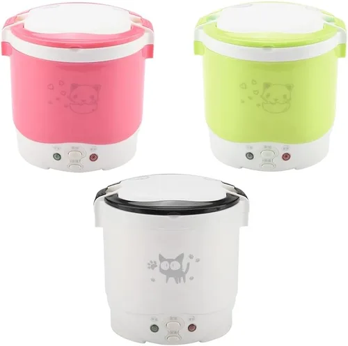 Vista 8 de 1L Mini olla arrocera 12V fiambrera eléctrica – Vaporizador de alimentos multifuncional portátil de viaje para coche, camping (verde)