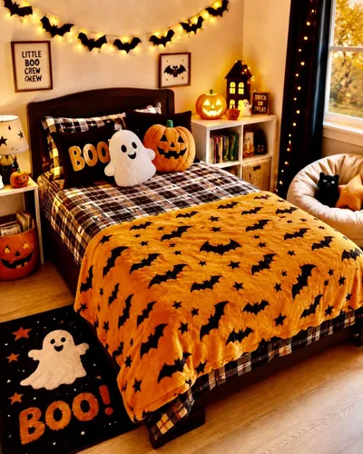 Vista 3 de Manta de forro polar de Halloween, murciélagos negros sobre fondo naranja, 50 x 70 pulgadas Ultra-soft cozy flannel fleece, for sofa couch bed
