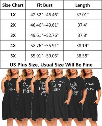 Vista 7 de Camisones de talla grande para mujer, ropa de dormir con gráficos, vestidos de noche con bolsillos