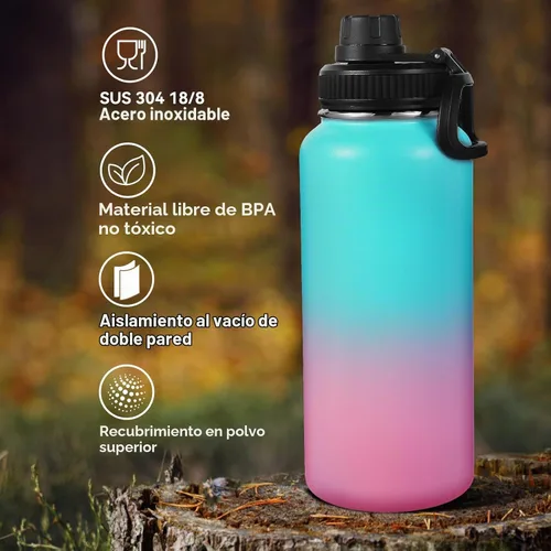 Vista 3 de Neihepal Botellas de agua aisladas de 32 onzas con 2 tapas (tapa con popote y boquilla), botella de agua de doble pared de acero inoxidable 18/8