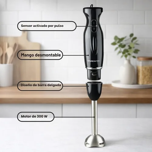 Vista 4 de OVENTE - Batidora de mano de inmersión, eléctrica portátil de 300W con 2 velocidades de mezcla y cuchillas de acero inoxidable para licuados, Negro