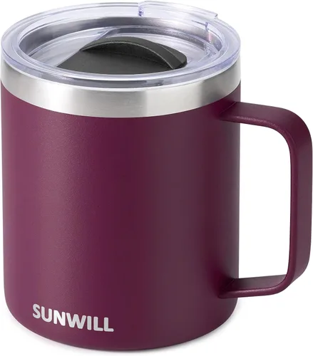 Vista 26 de SUNWILL - Taza de café de viaje con tapa, taza aislada con asa, taza de acero inoxidable de 14 oz para hielo, agua, té, color oro rosa
