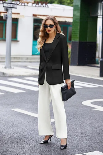 Vista 4 de Zeagoo Blazers casuales de gran tamaño para mujer, chaquetas de oficina con frente abierto, chaquetas de oficina con solapa y botones, traje largo