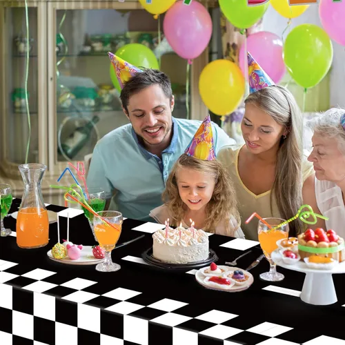 Vista 7 de Mantel de plástico de 3 piezas con dos decoraciones de cumpleaños rápido, con bandera a cuadros, funda de mesa desechable para niños