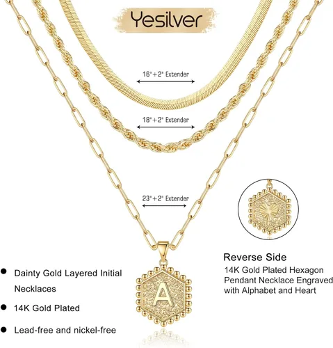 Vista 6 de Collares con iniciales en capas para mujer, collar de cadena con clip chapado oro de 14 quilates para mujer, collar con forma hexagonal