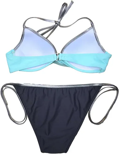 Vista 4 de Two Piece Women Swimsuits Sexy Halter String Swimwear Suit Backless Triangle Bikini Set Lace Up Halter Tankini Solid