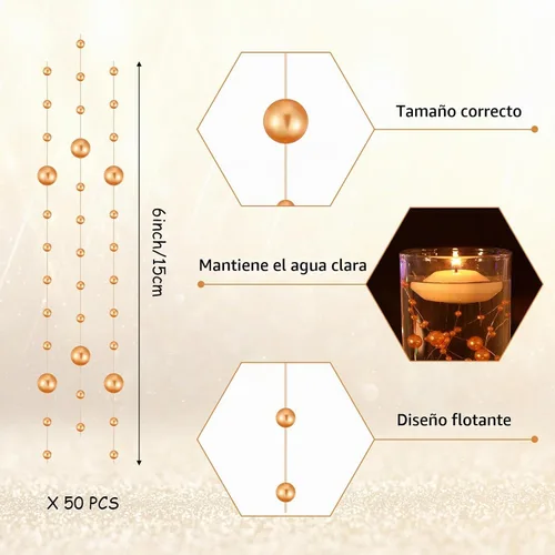 Vista 2 de Nuanchu 50 piezas de cadena de perlas navideñas para velas flotantes, oro Oro rosa