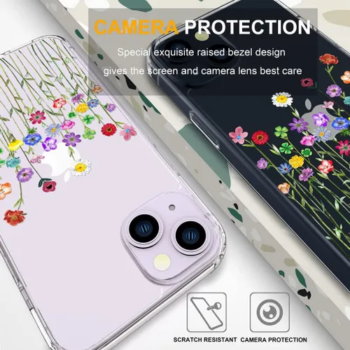 Vista 3 de Compatible con iPhone 14, funda transparente y bonita para mujeres y niñas, diseño floral, diseño floral femenino, funda para teléfono 14