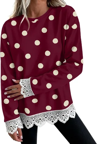 Vista 14 de Fall Sweatshirts for Women Crewneck Scalloped Lace Trim Cute Pullover Tops Lightweight Long Sleeve Polka Dot Sweatshirt,Oversized Leopard Print A