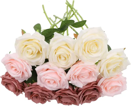 Vista 10 de Flores artificiales de rosa, rosas artificiales, rosas de seda, rosas falsas de aspecto real con tallos para manualidades, ramos de boda, centros