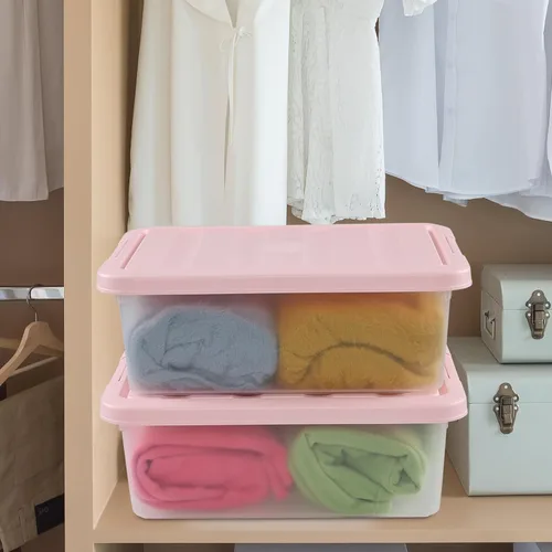 Vista 7 de Caja de almacenamiento de plástico con pestillo de 14 cuartos, contenedor de almacenamiento de plástico debajo de la cama con tapas rosas, 2 paquetes