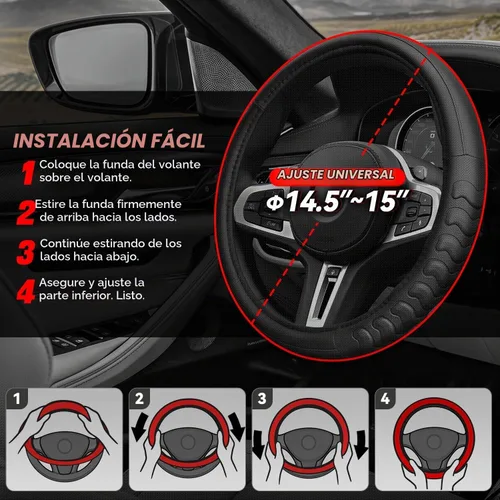 Vista 6 de Funda para volante de Auto Dynasty, protector de volante de auto de cuero de microfibra transpirable con patrón de agarre antideslizante, forro