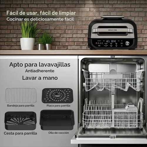 Vista 6 de MAGiC COM Parrilla Eléctrica para Interior y Freidora de Aire Combo, Parrilla Eléctrica 7 en 1 con Función para Bistec, Asar, Freidora de Aire