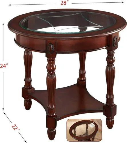 Vista 2 de Mesa auxiliar vintage de madera maciza con parte superior de cristal, mesa auxiliar ovalada para sofá para sala de estar, mesa auxiliar de silla