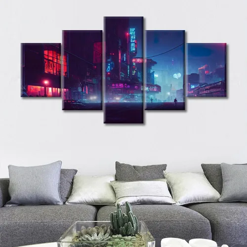 Vista 154 de Cuadros de 5 paneles de Cyberpunk City, arte de pared, representación de vallas publicitarias, edificios modernos en la capital con obras de arte