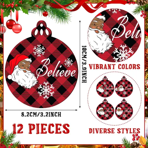 Vista 2 de Bucherry Adornos afroamericanos para árbol de Navidad, adornos de Papá Noel negro de 3.2 x 3.9 pulgadas, decoraciones de madera navideñas colgantes