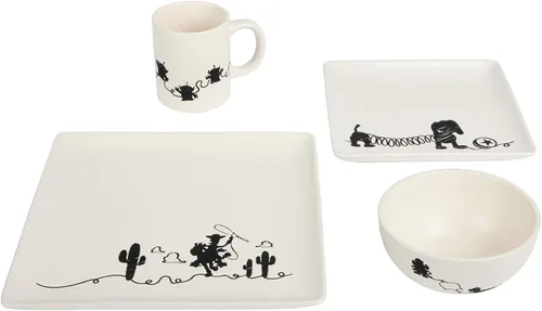 Vista 2 de Toy Story - Juego de vajilla de cerámica de 4 piezas con diseño de garabatos, bonitos dibujos de líneas de personajes, hermosos platos cuadrados