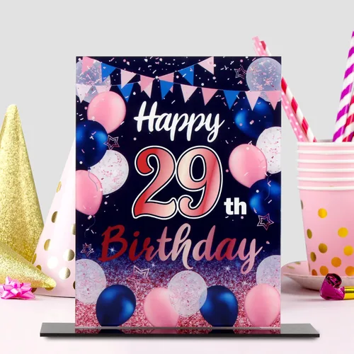 Vista 134 de LINGTEER Decoraciones de feliz cumpleaños número 11, 2 piezas de soporte de acrílico con impresión de pie rosa y azul, tablero de telón de fondo