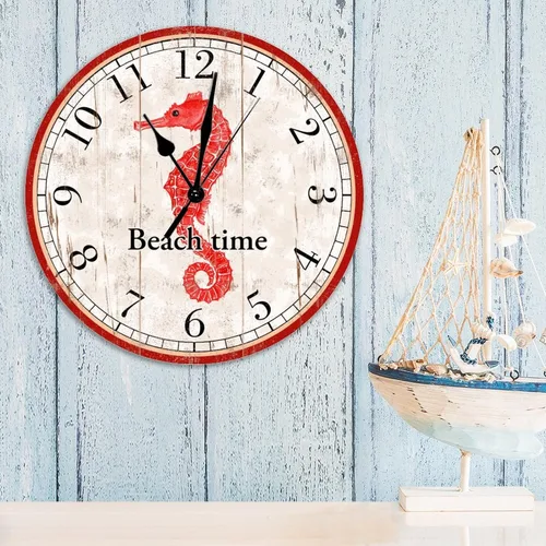 Vista 4 de Reloj de pared decorativo de madera con caballito de mar rojo, reloj de pared de madera de caballito de mar de playa, reloj de pared de cuarzo